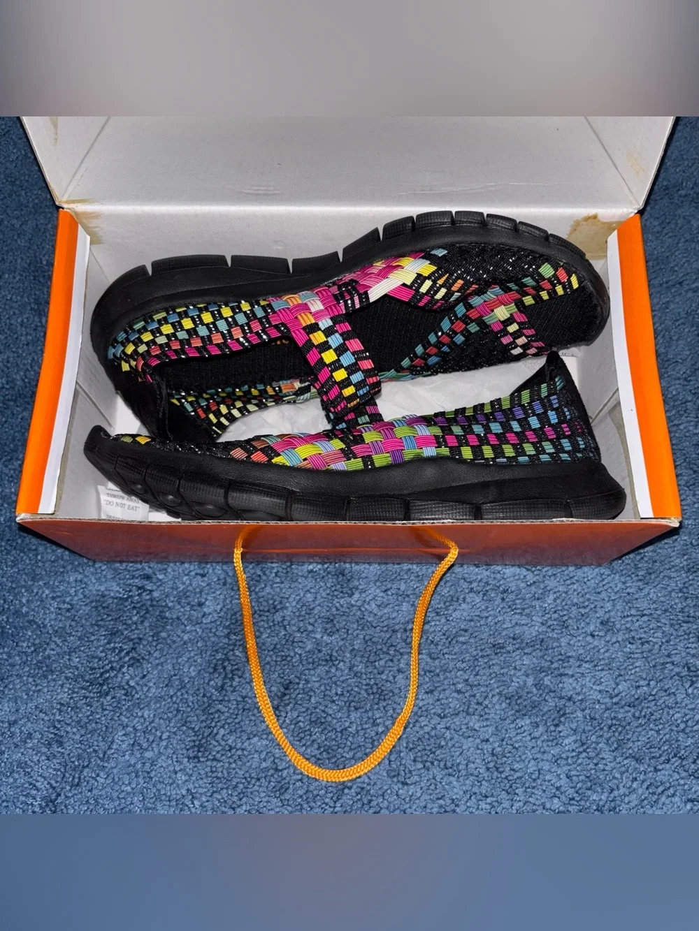 bernie mev. Black Sandals with Neon Multi-Color Woven Straps